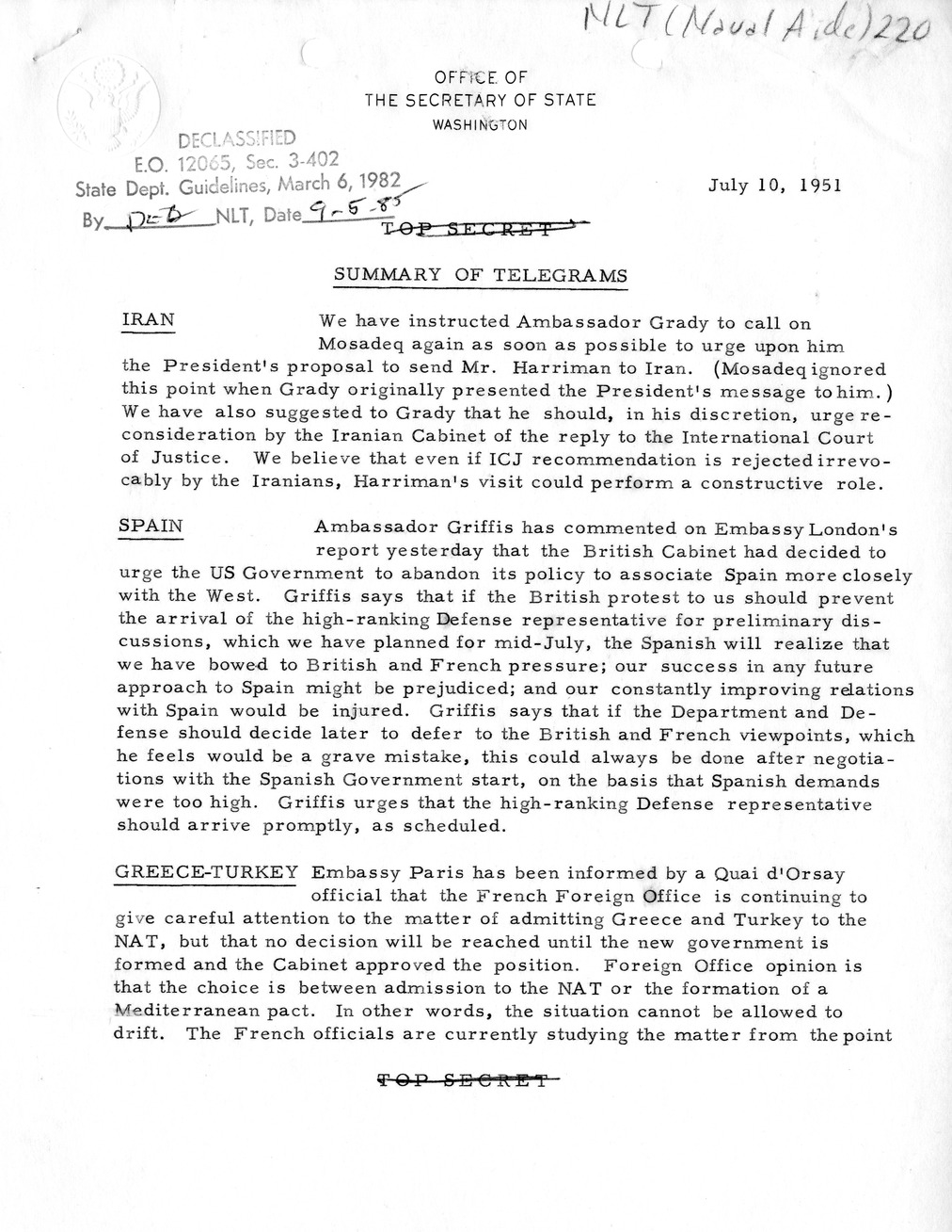 Memorandum, State Department Summary of Telegrams
