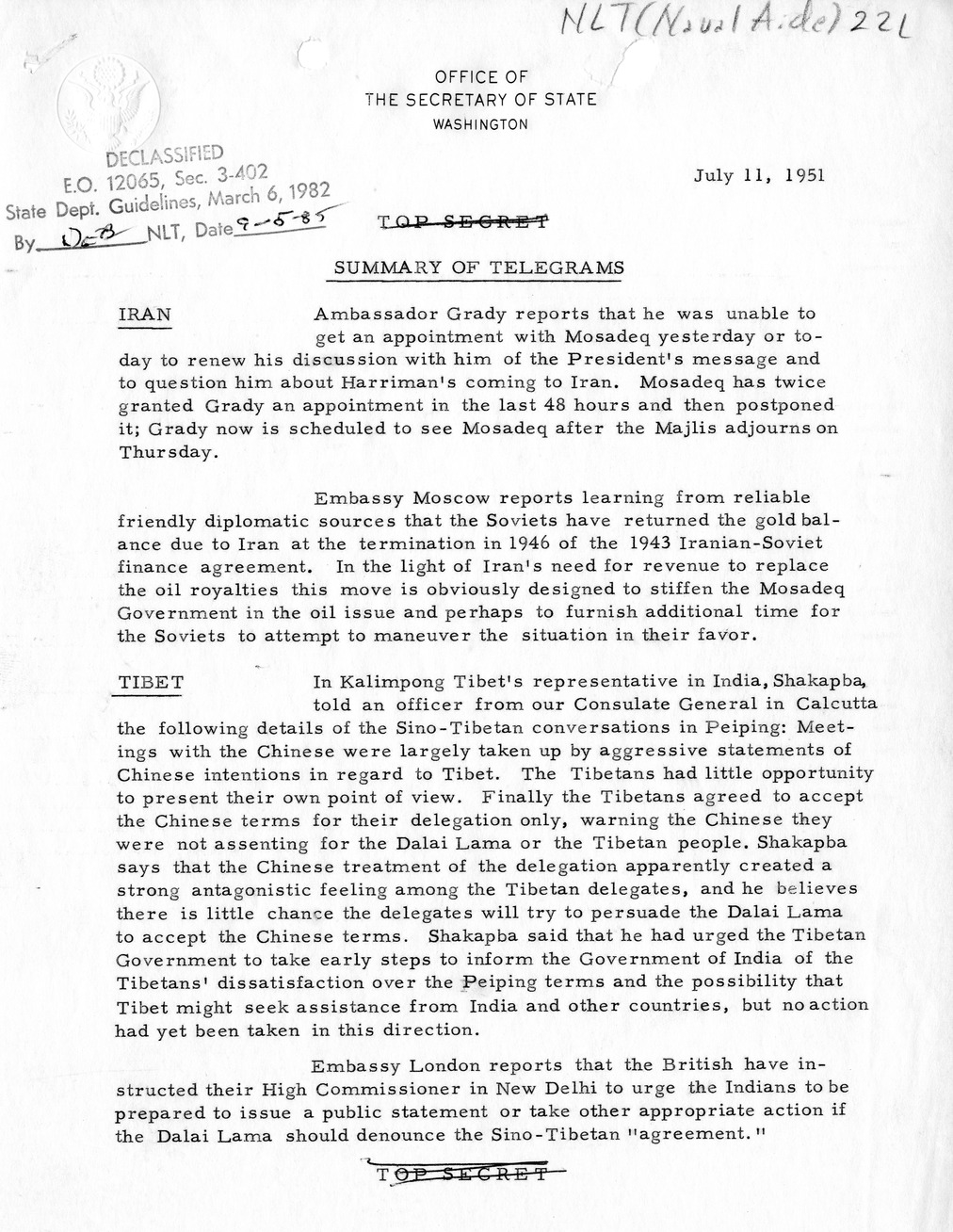 Memorandum, State Department Summary of Telegrams
