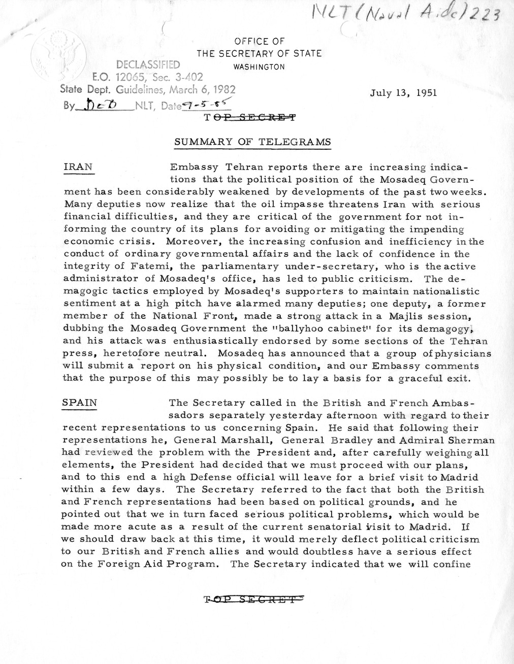 Memorandum, State Department Summary of Telegrams