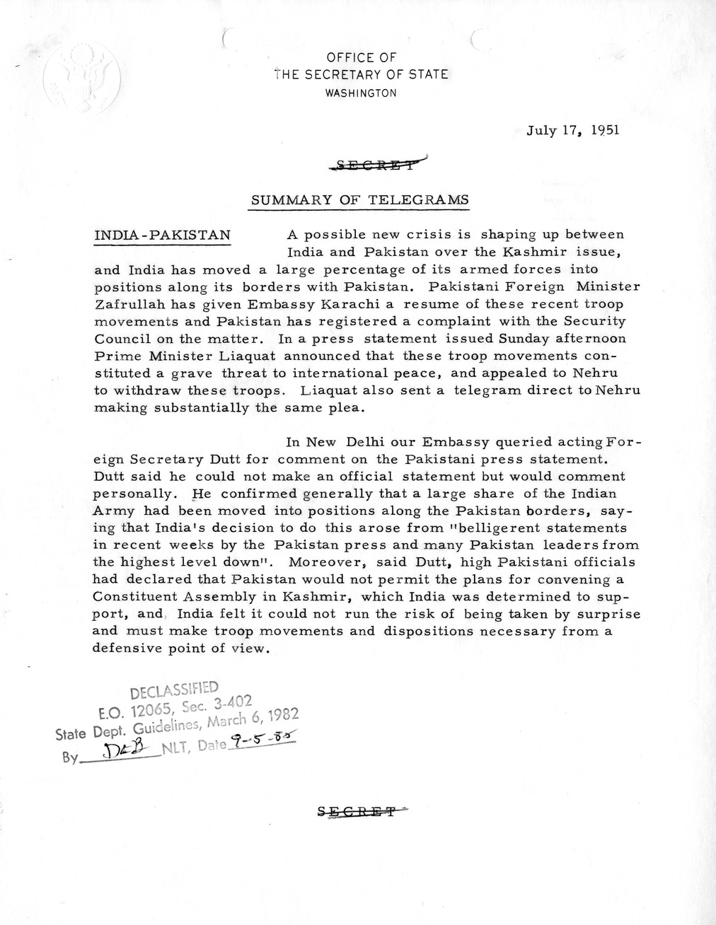 Memorandum, State Department Summary of Telegrams