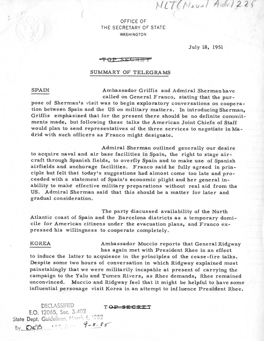 Memorandum, State Department Summary of Telegrams