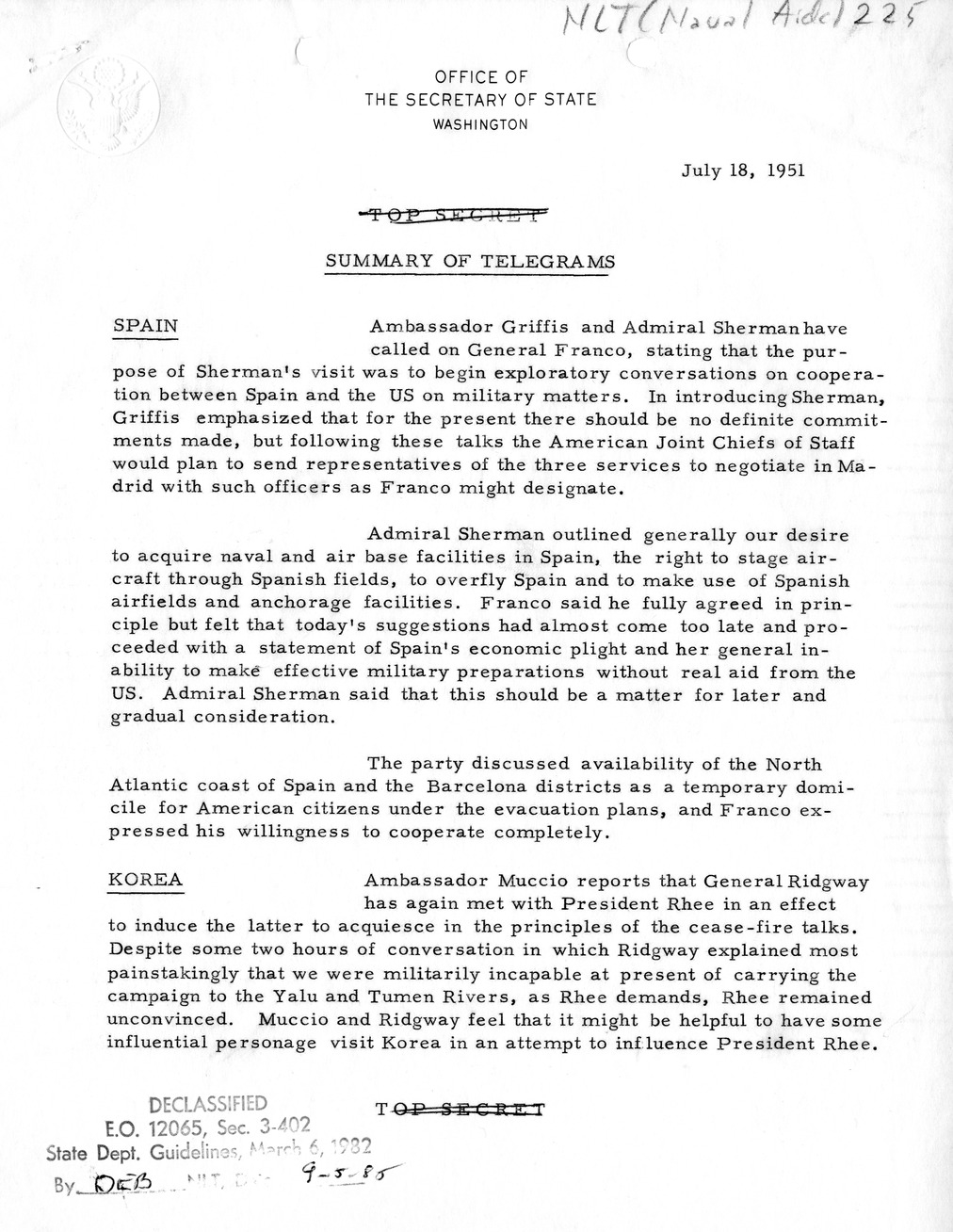 Memorandum, State Department Summary of Telegrams