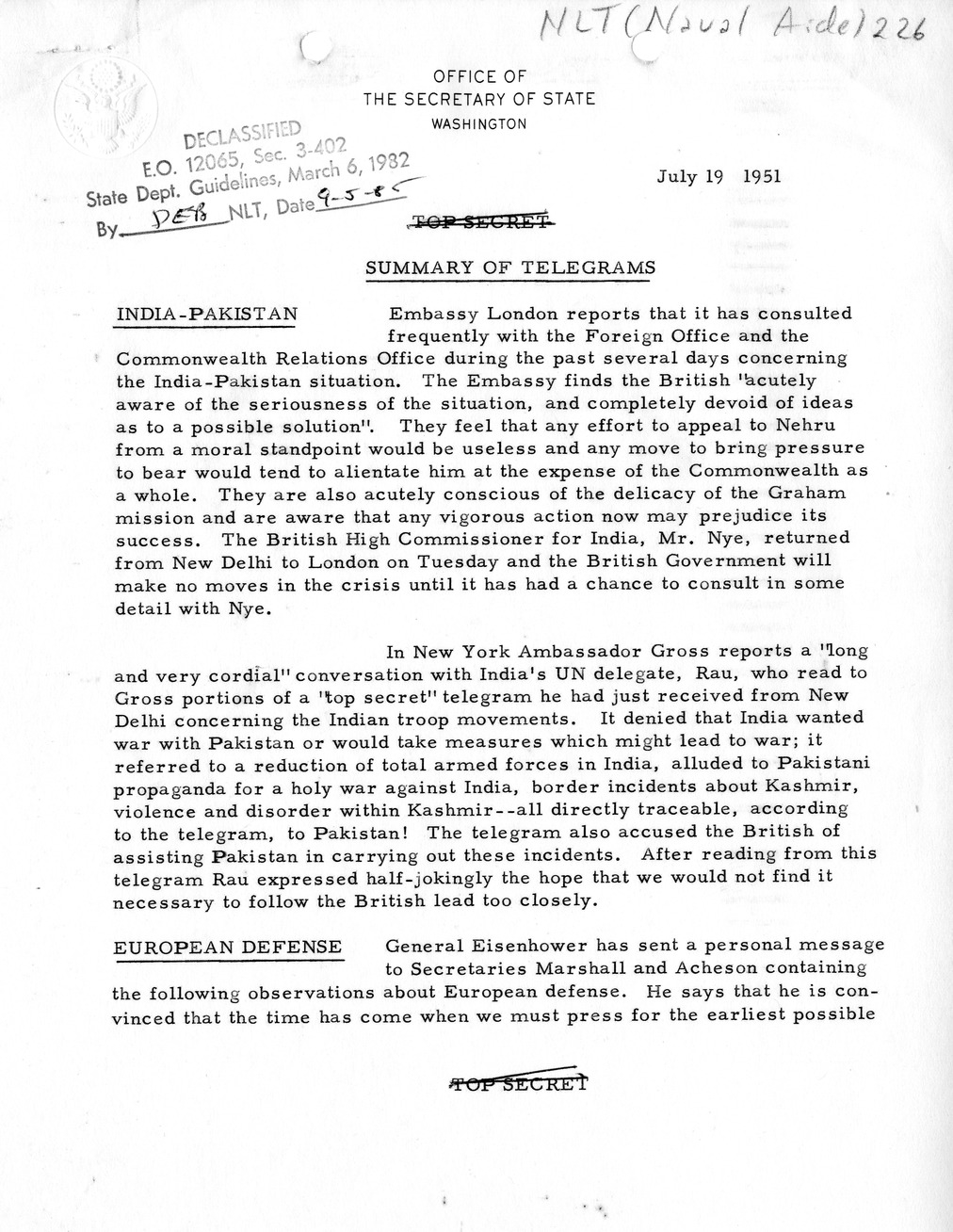 Memorandum, State Department Summary of Telegrams