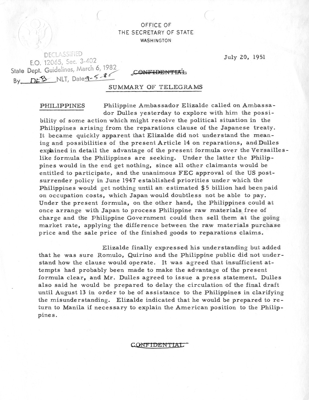 Memorandum, State Department Summary of Telegrams