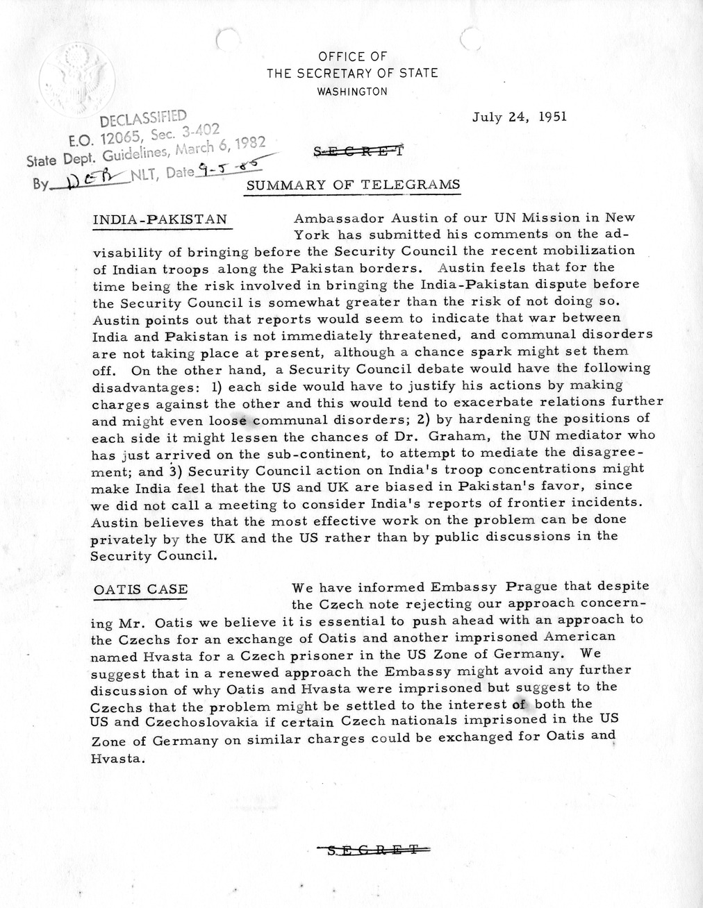 Memorandum, State Department Summary of Telegrams