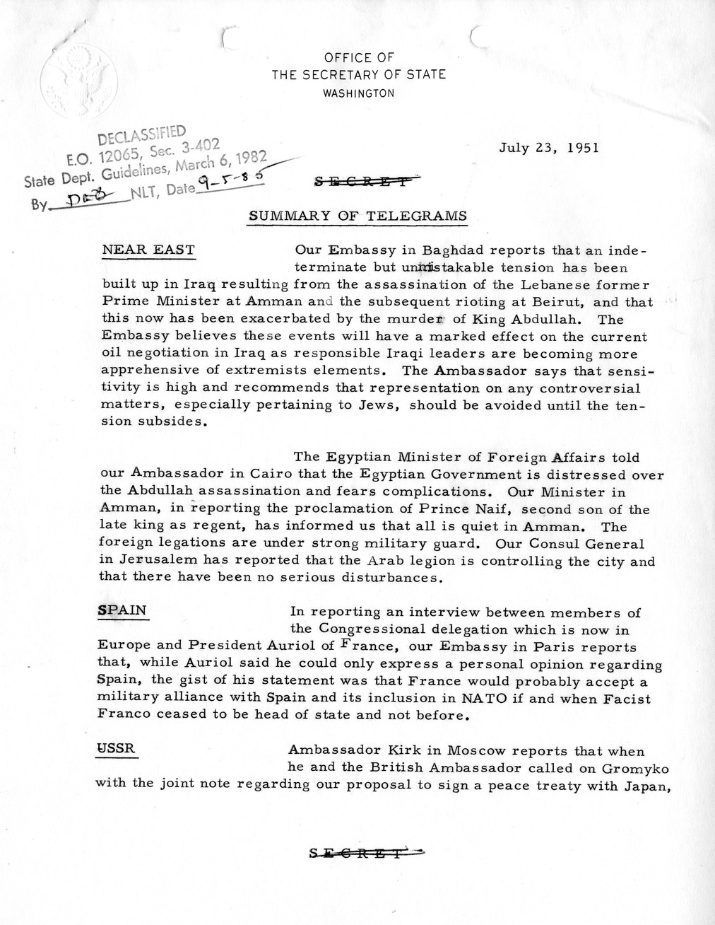 Memorandum, State Department Summary of Telegrams