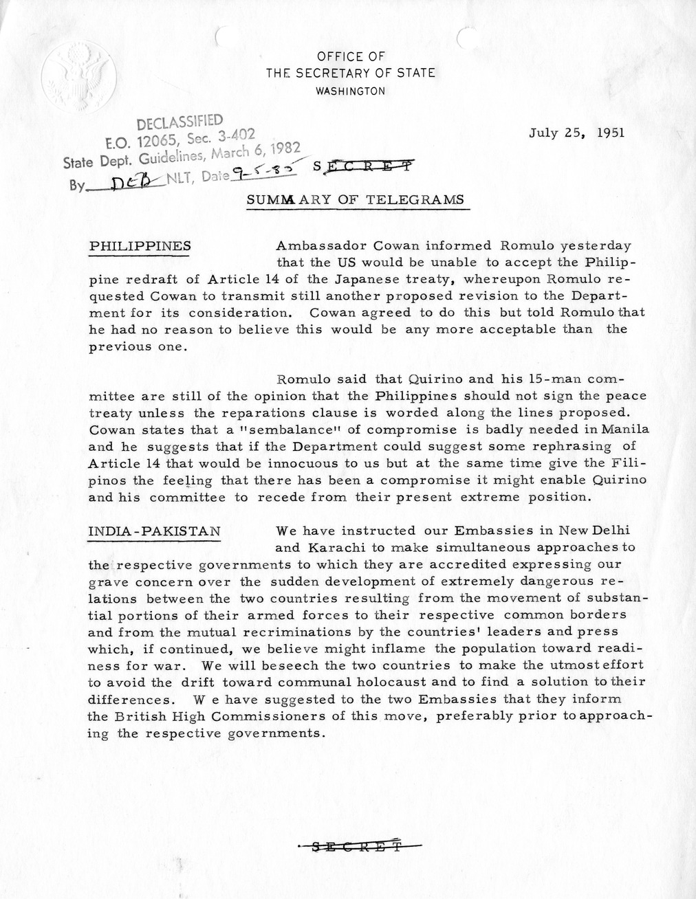 Memorandum, State Department Summary of Telegrams