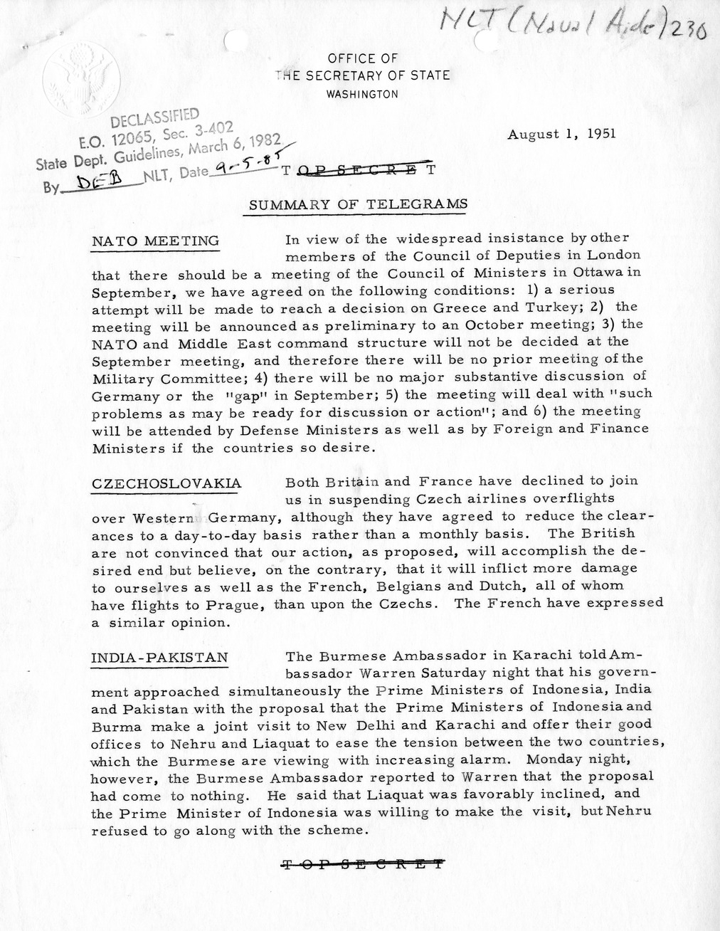 Memorandum, State Department Summary of Telegrams