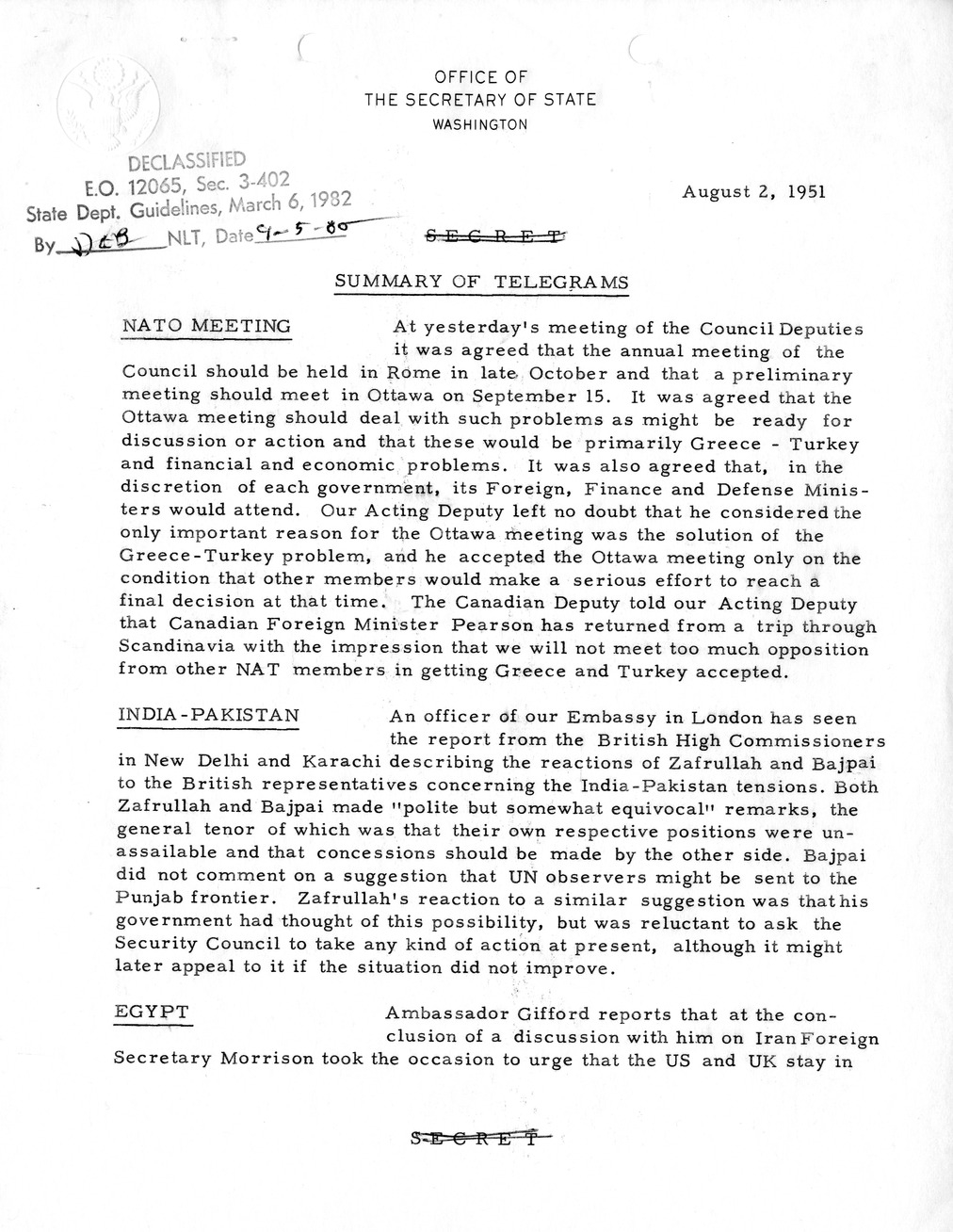 Memorandum, State Department Summary of Telegrams