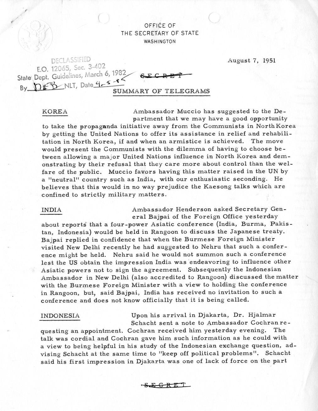 Memorandum, State Department Summary of Telegrams