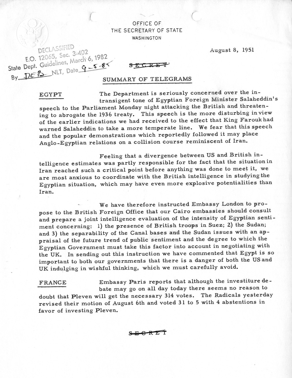 Memorandum, State Department Summary of Telegrams