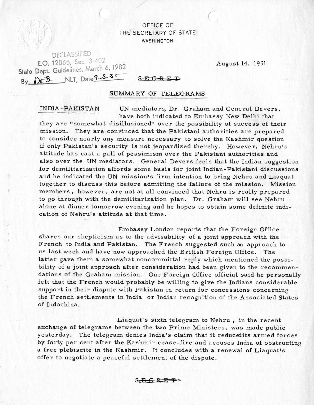 Memorandum, State Department Summary of Telegrams