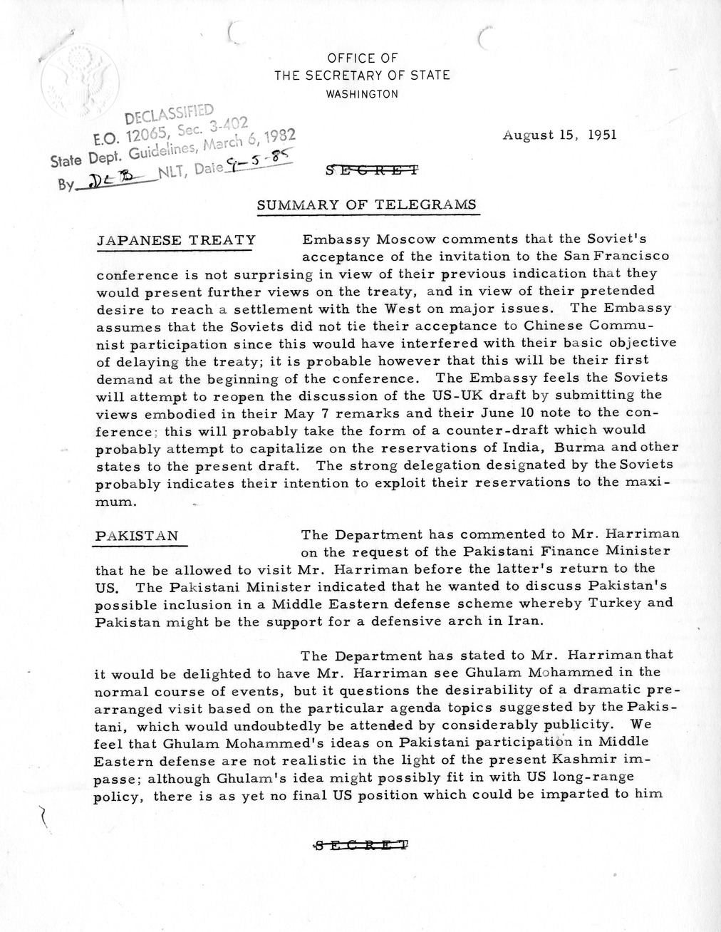 Memorandum, State Department Summary of Telegrams