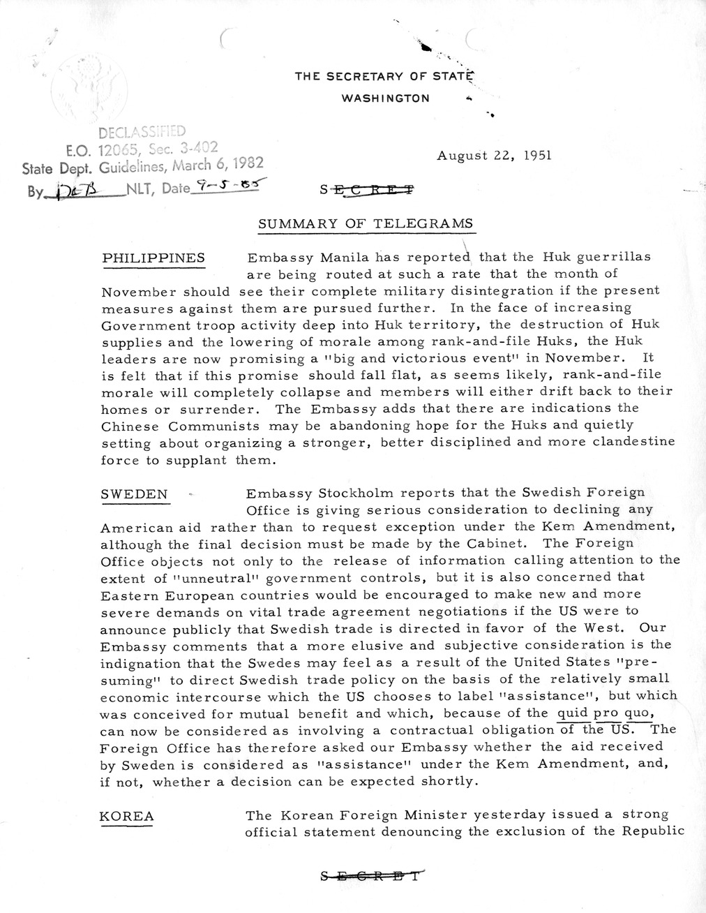 Memorandum, State Department Summary of Telegrams