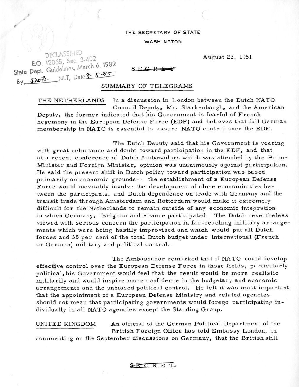 Memorandum, State Department Summary of Telegrams