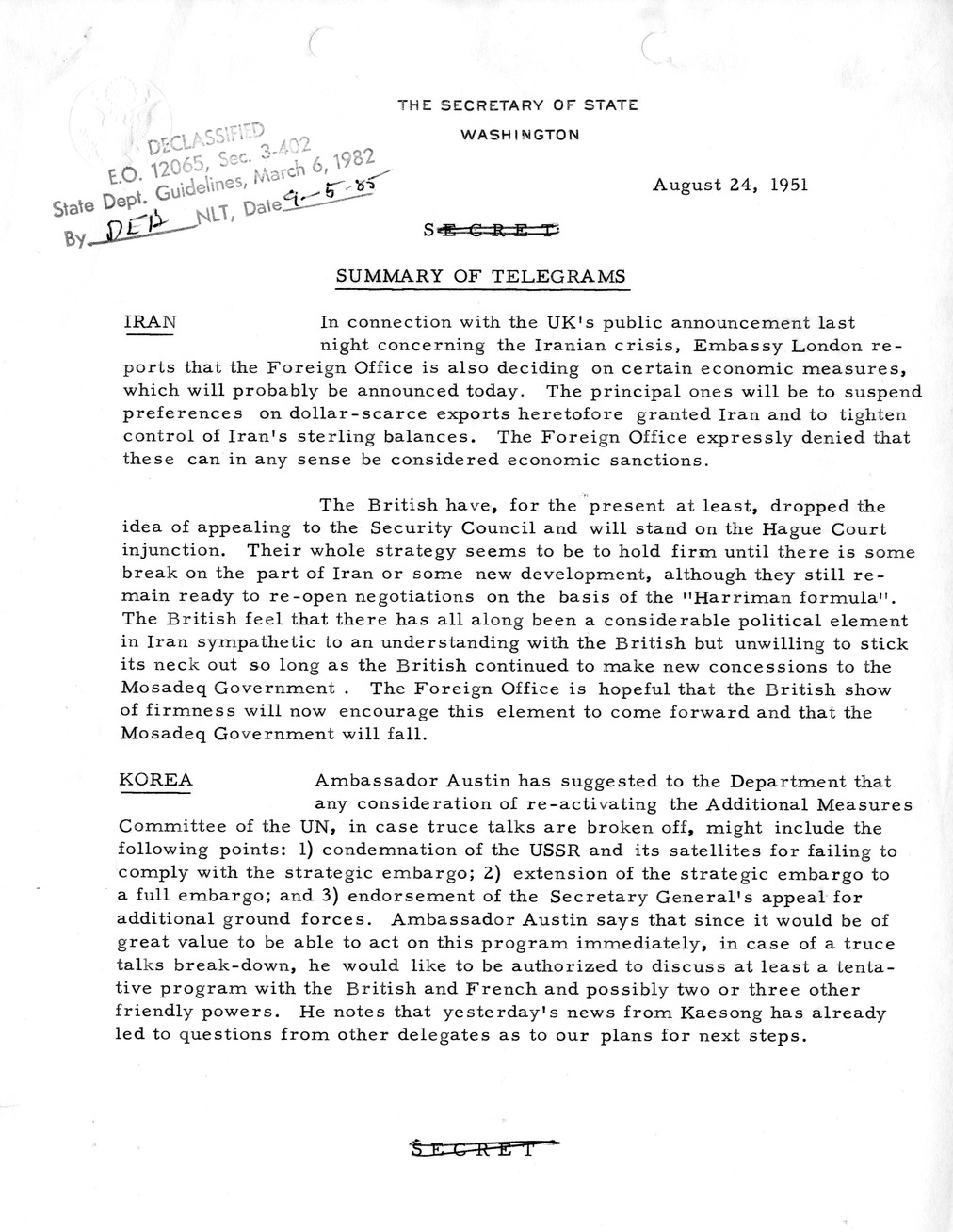 Memorandum, State Department Summary of Telegrams