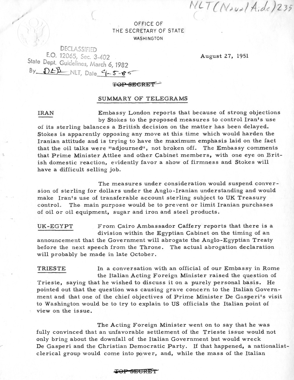 Memorandum, State Department Summary of Telegrams