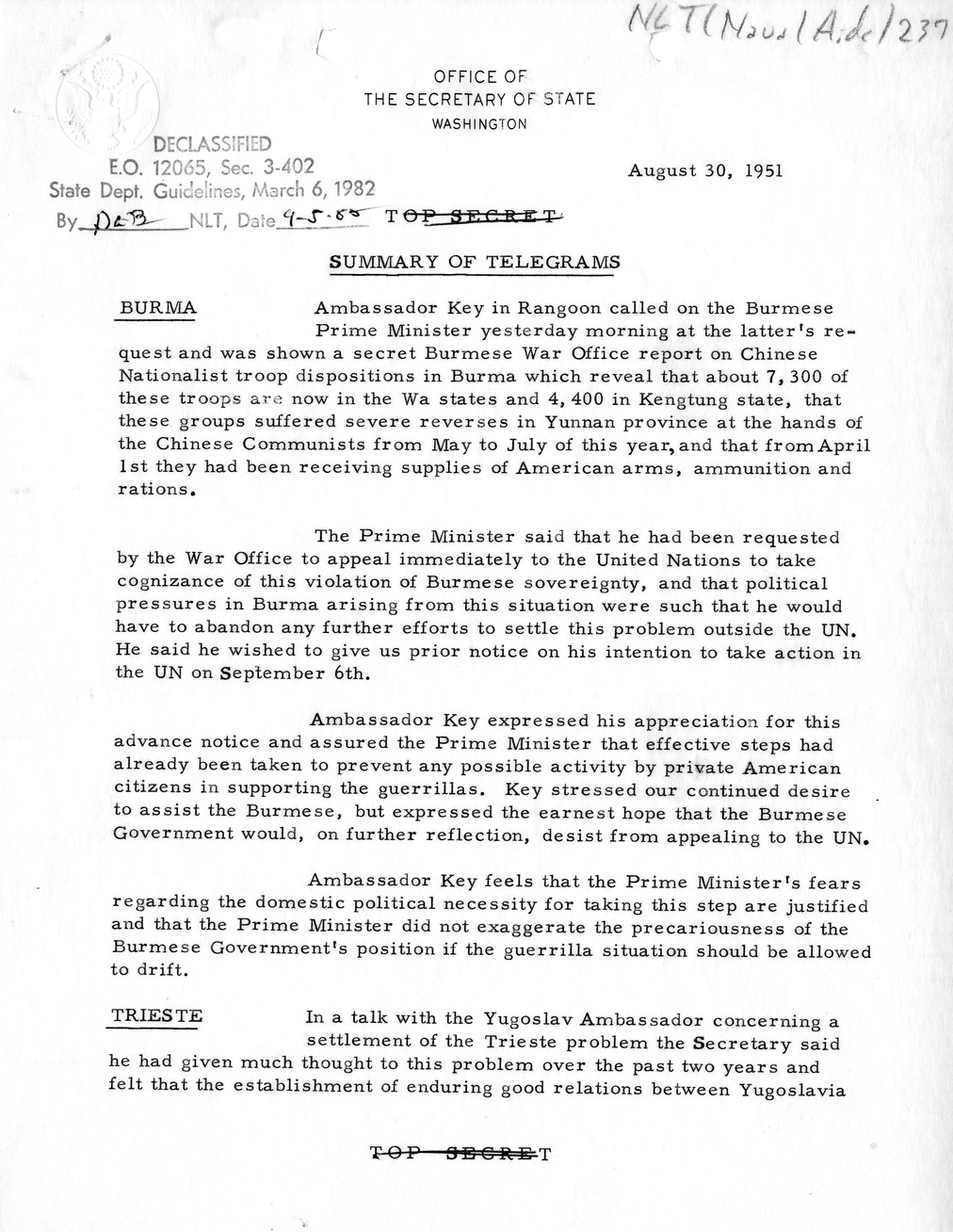 Memorandum, State Department Summary of Telegrams