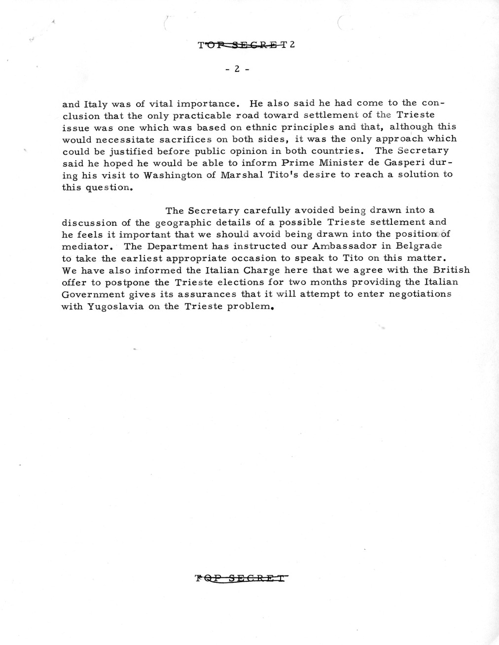 Memorandum, State Department Summary of Telegrams