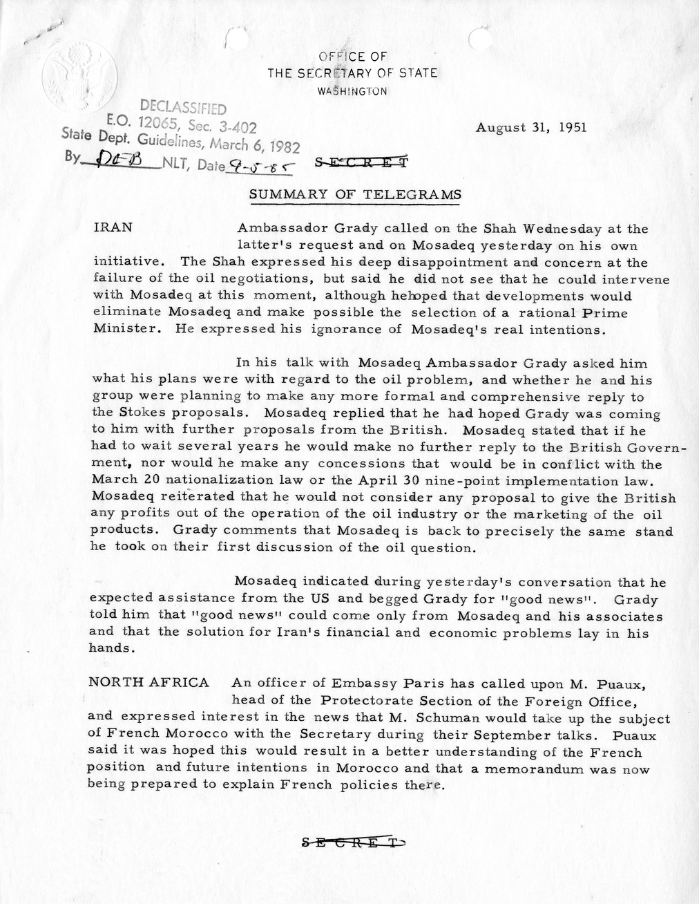 Memorandum, State Department Summary of Telegrams
