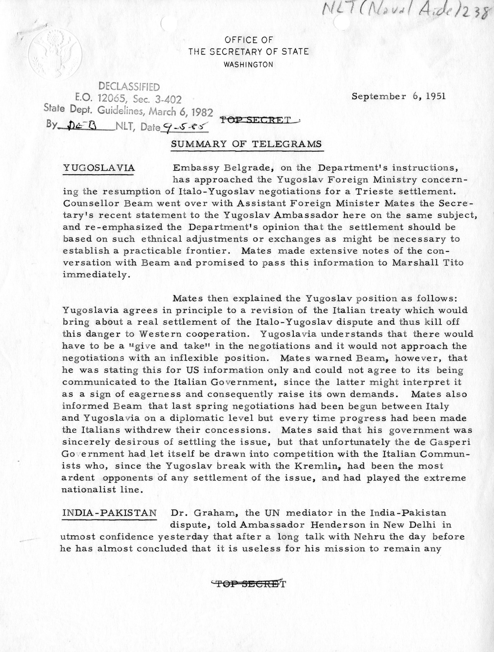 Memorandum, State Department Summary of Telegrams