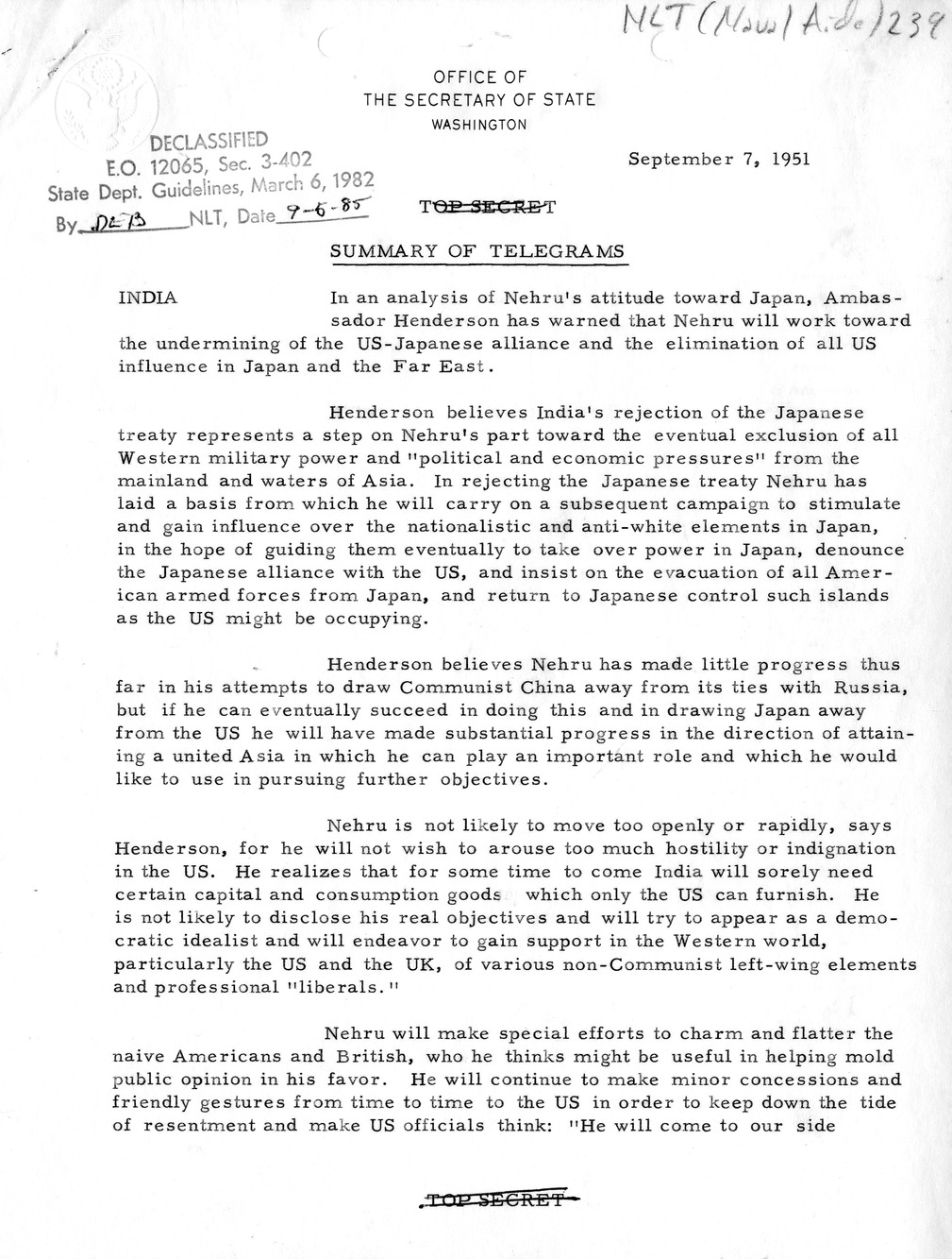 Memorandum, State Department Summary of Telegrams