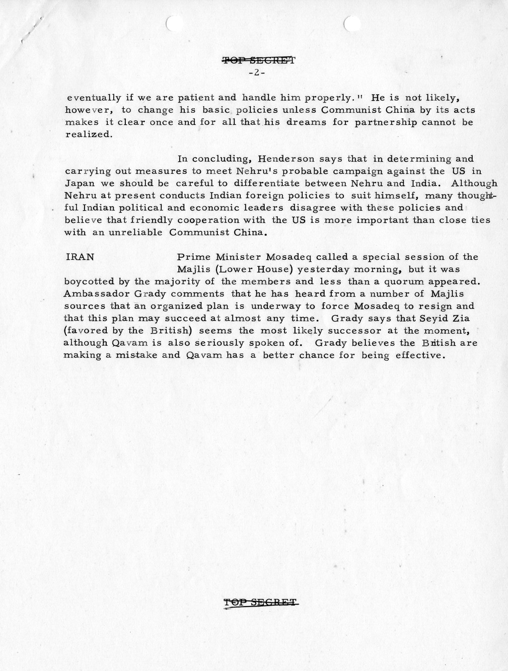 Memorandum, State Department Summary of Telegrams