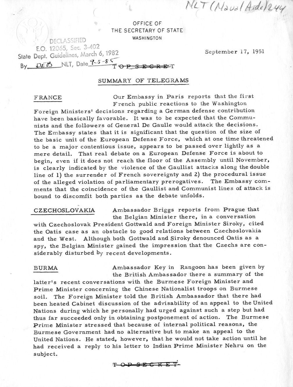 Memorandum, State Department Summary of Telegrams