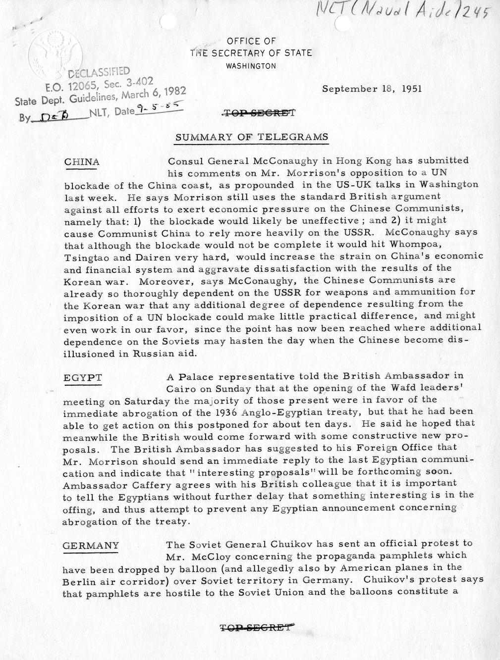 Memorandum, State Department Summary of Telegrams