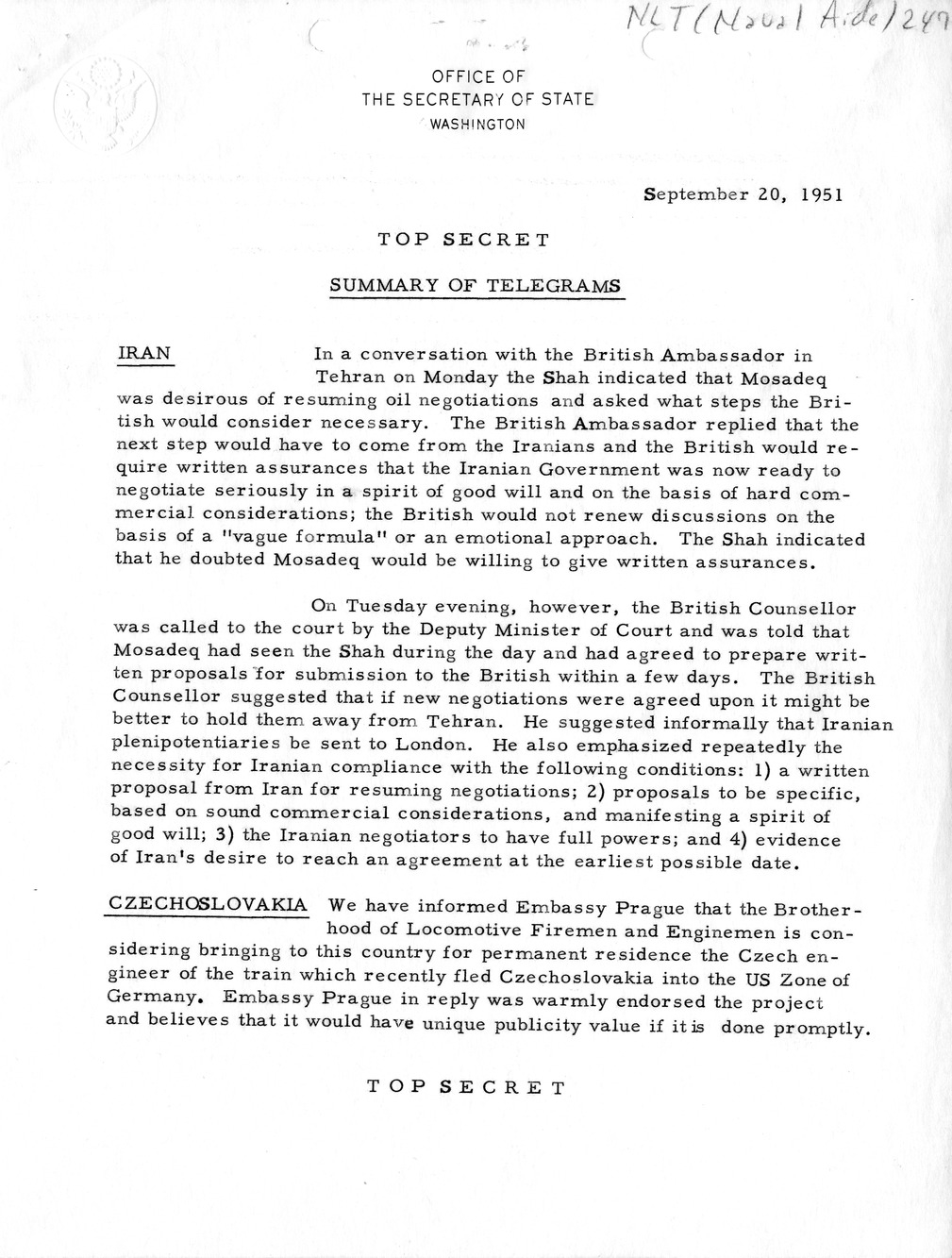 Memorandum, State Department Summary of Telegrams
