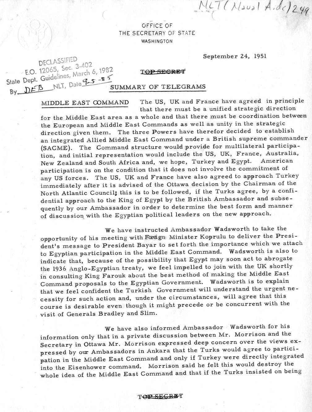 Memorandum, State Department Summary of Telegrams