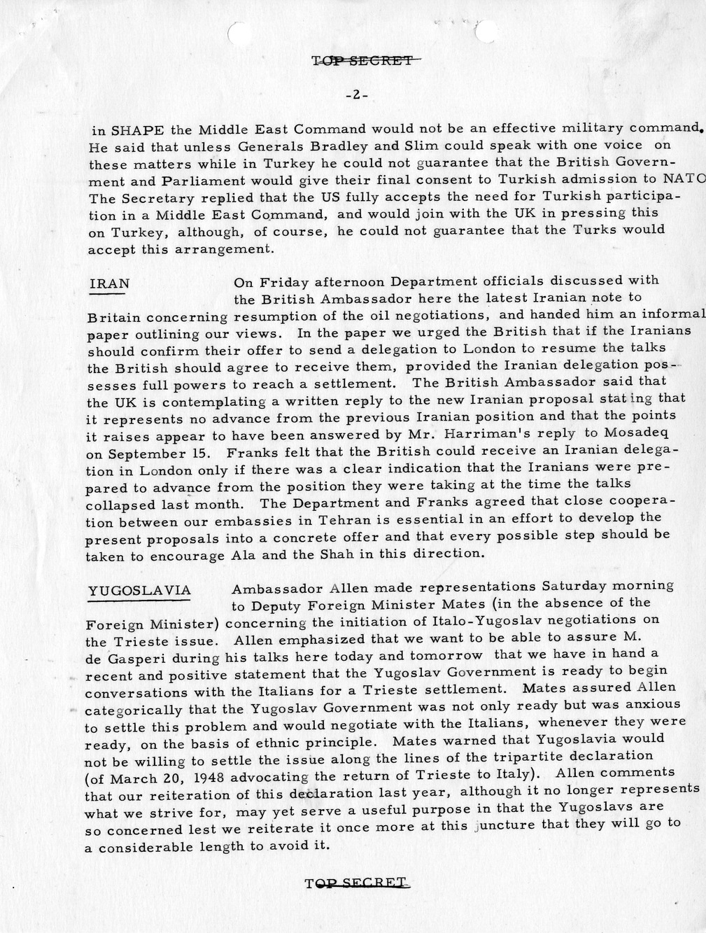 Memorandum, State Department Summary of Telegrams