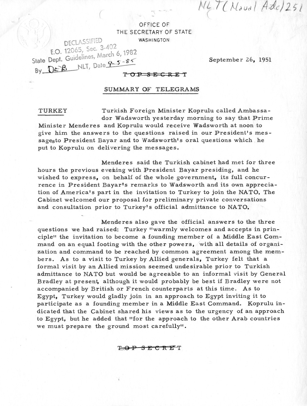 Memorandum, State Department Summary of Telegrams