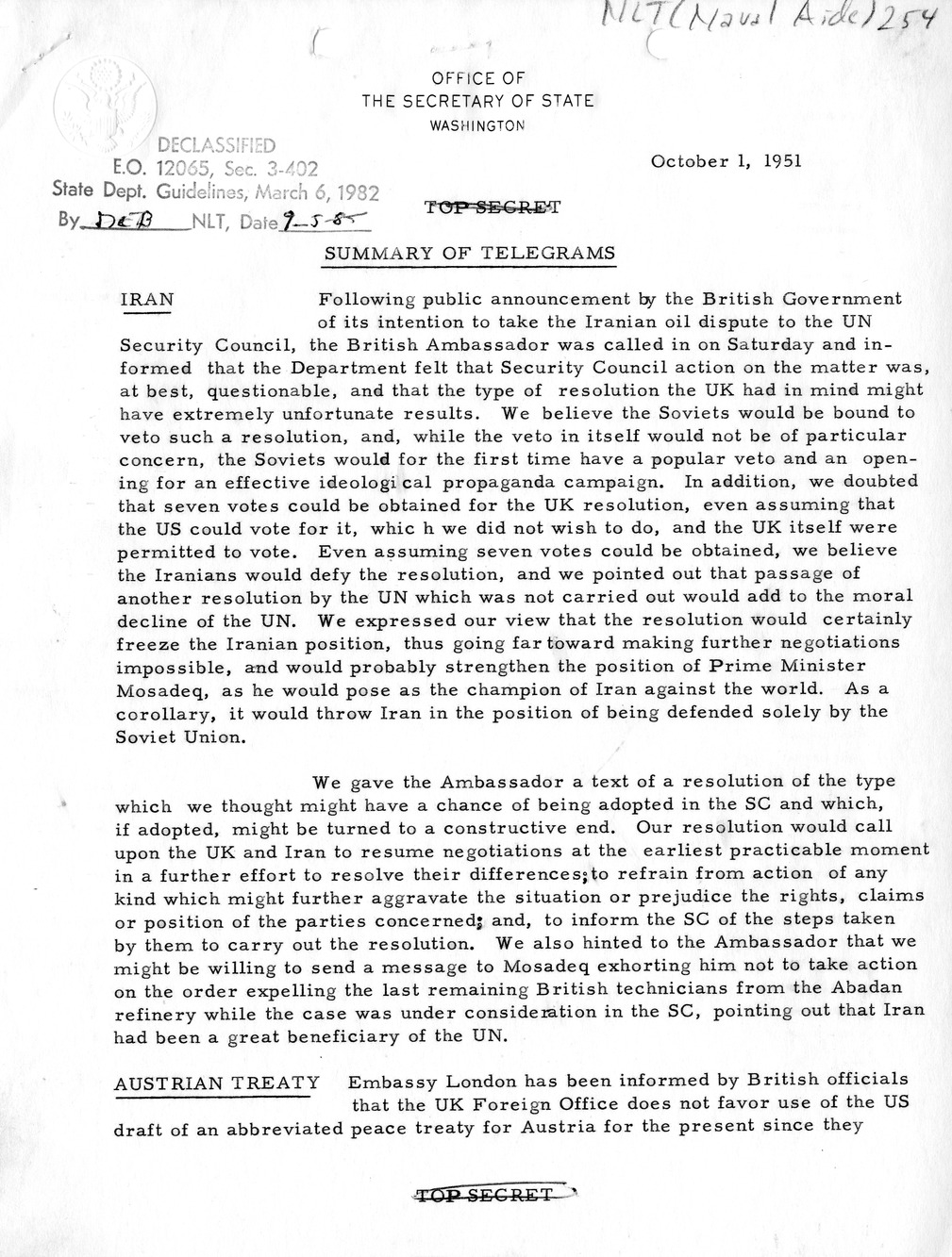 Memorandum, State Department Summary of Telegrams