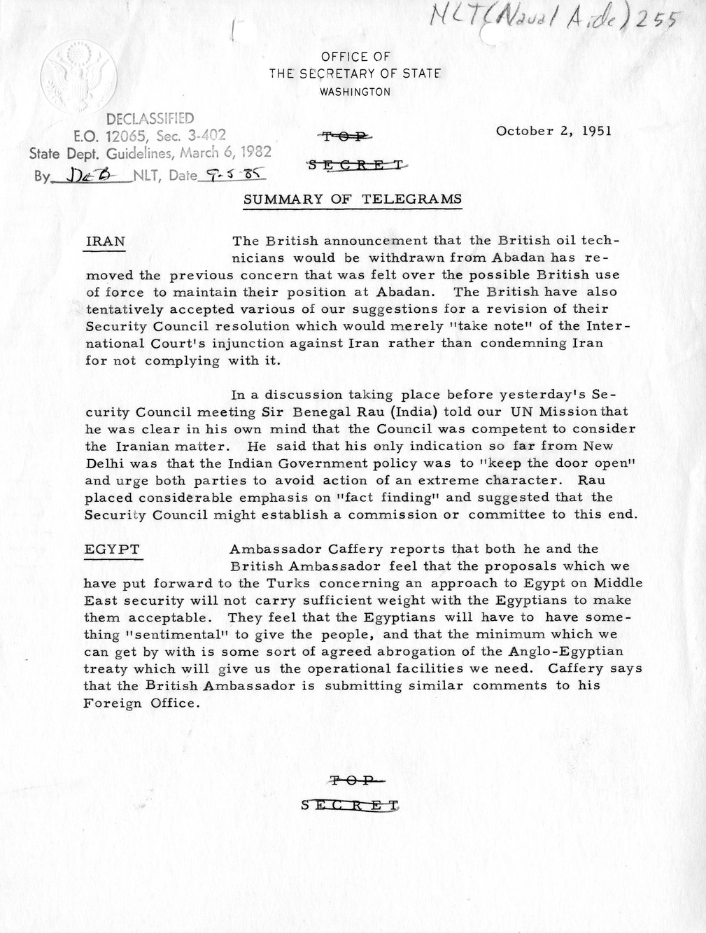 Memorandum, State Department Summary of Telegrams