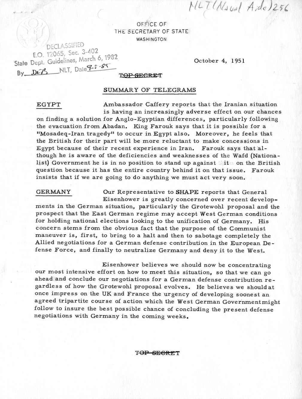 Memorandum, State Department Summary of Telegrams