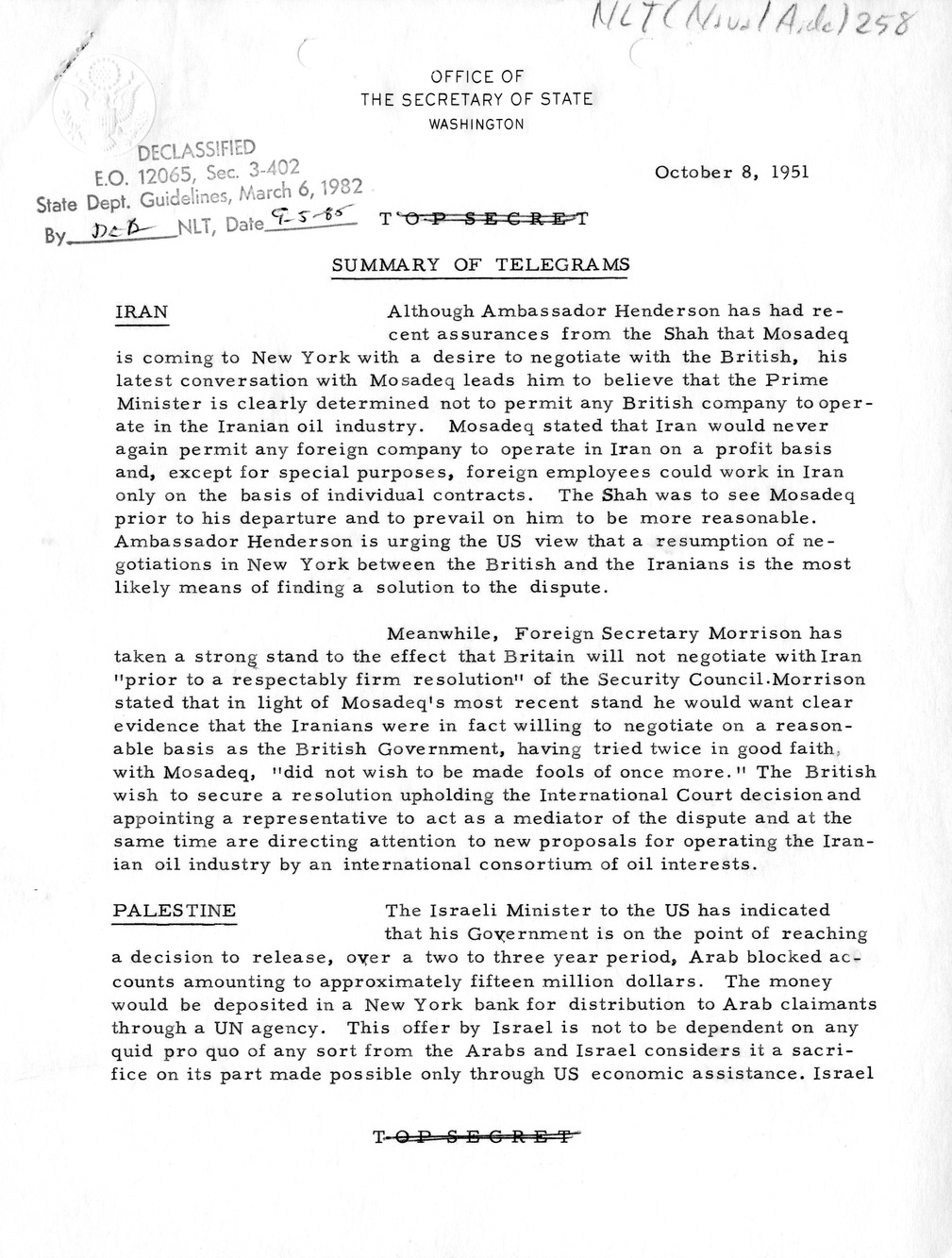 Memorandum, State Department Summary of Telegrams
