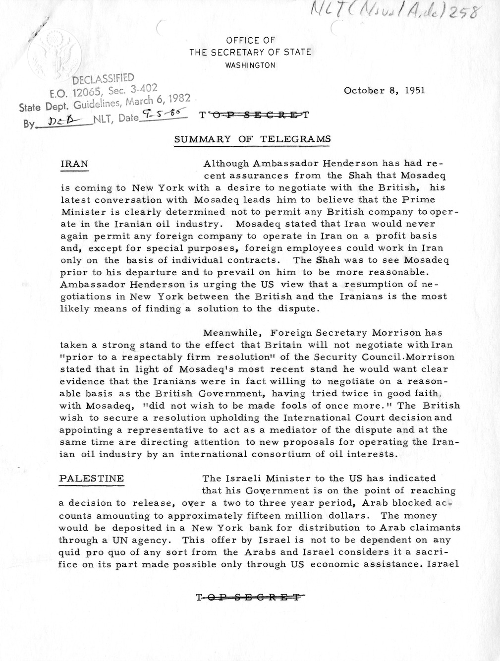 Memorandum, State Department Summary of Telegrams