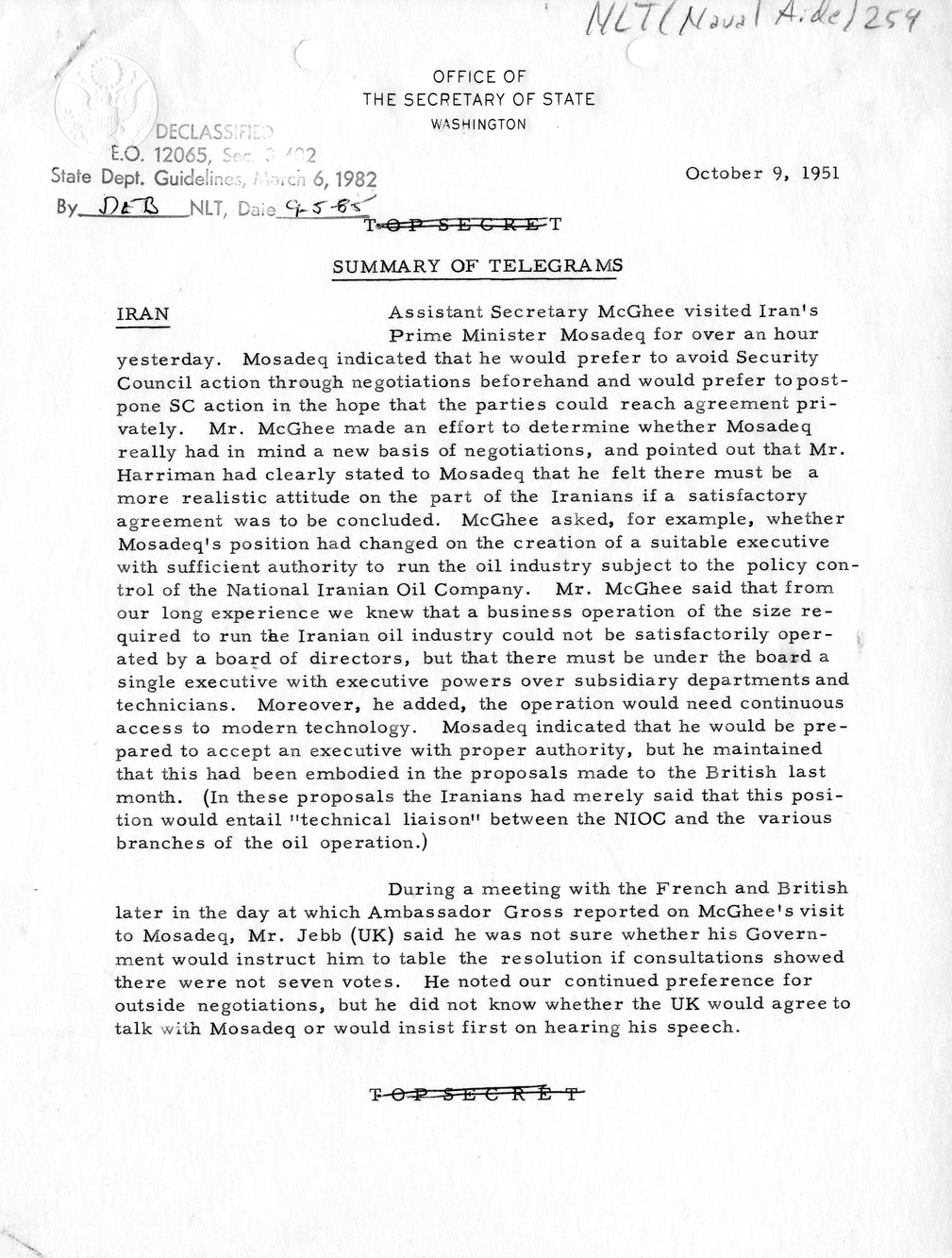 Memorandum, State Department Summary of Telegrams