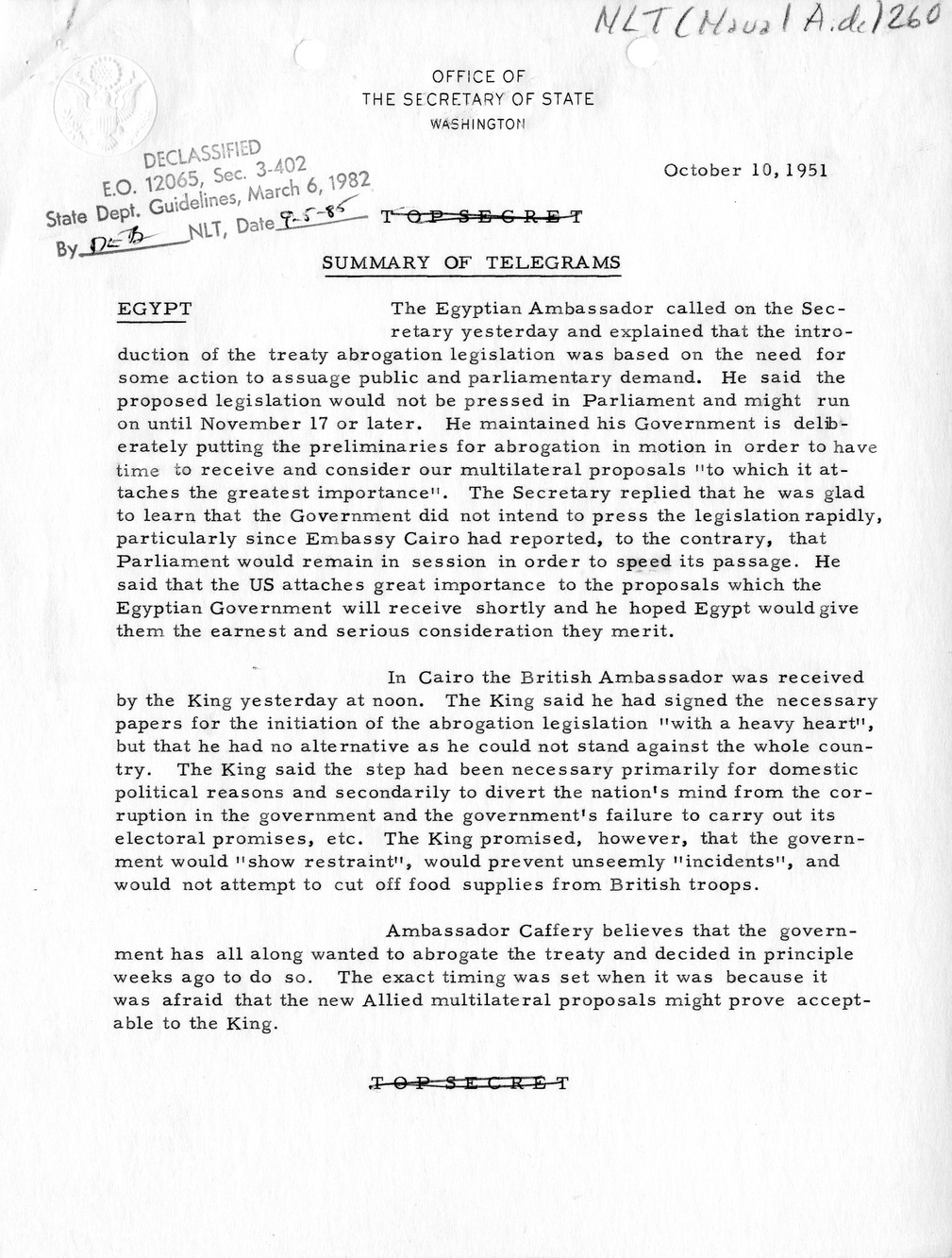 Memorandum, State Department Summary of Telegrams