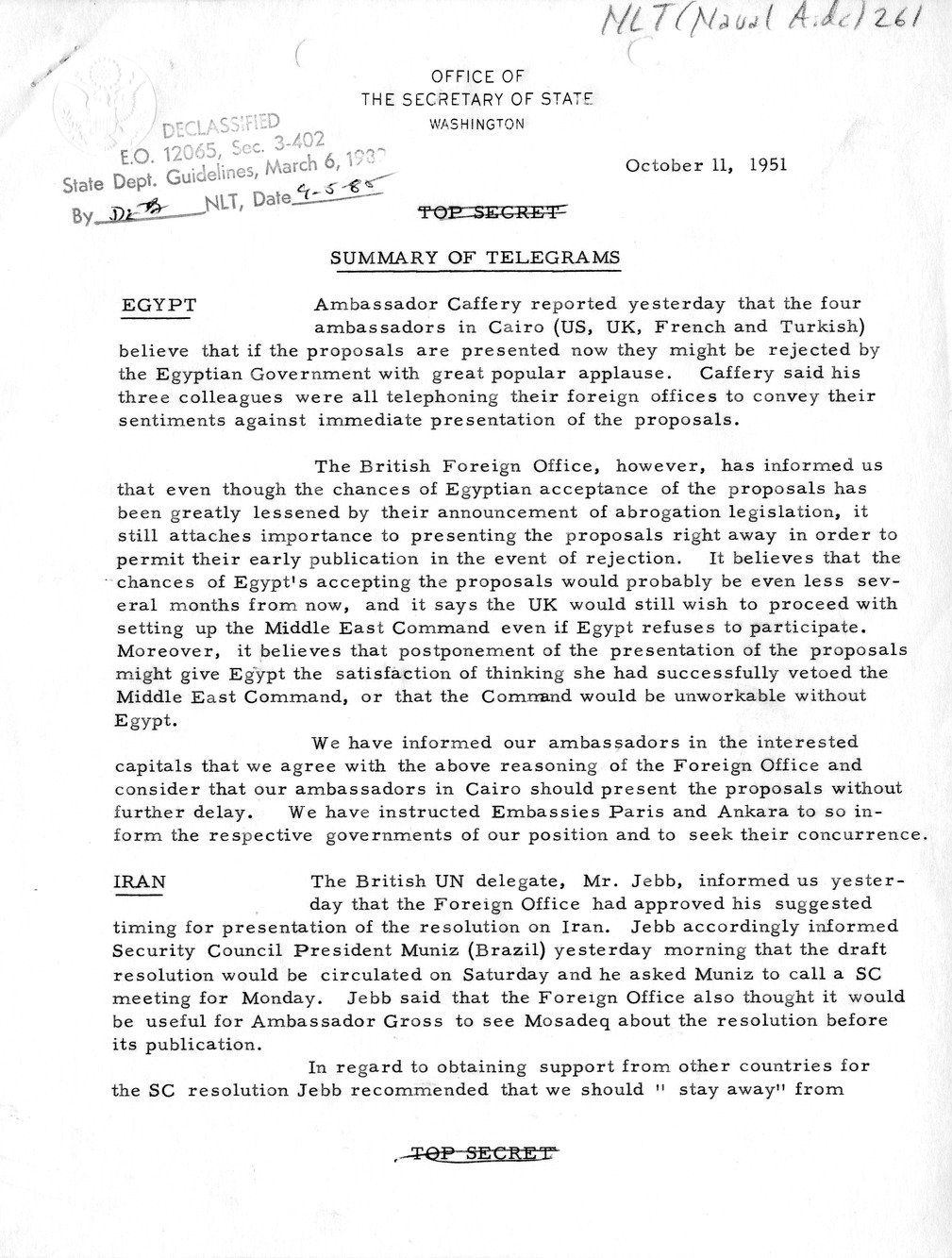 Memorandum, State Department Summary of Telegrams