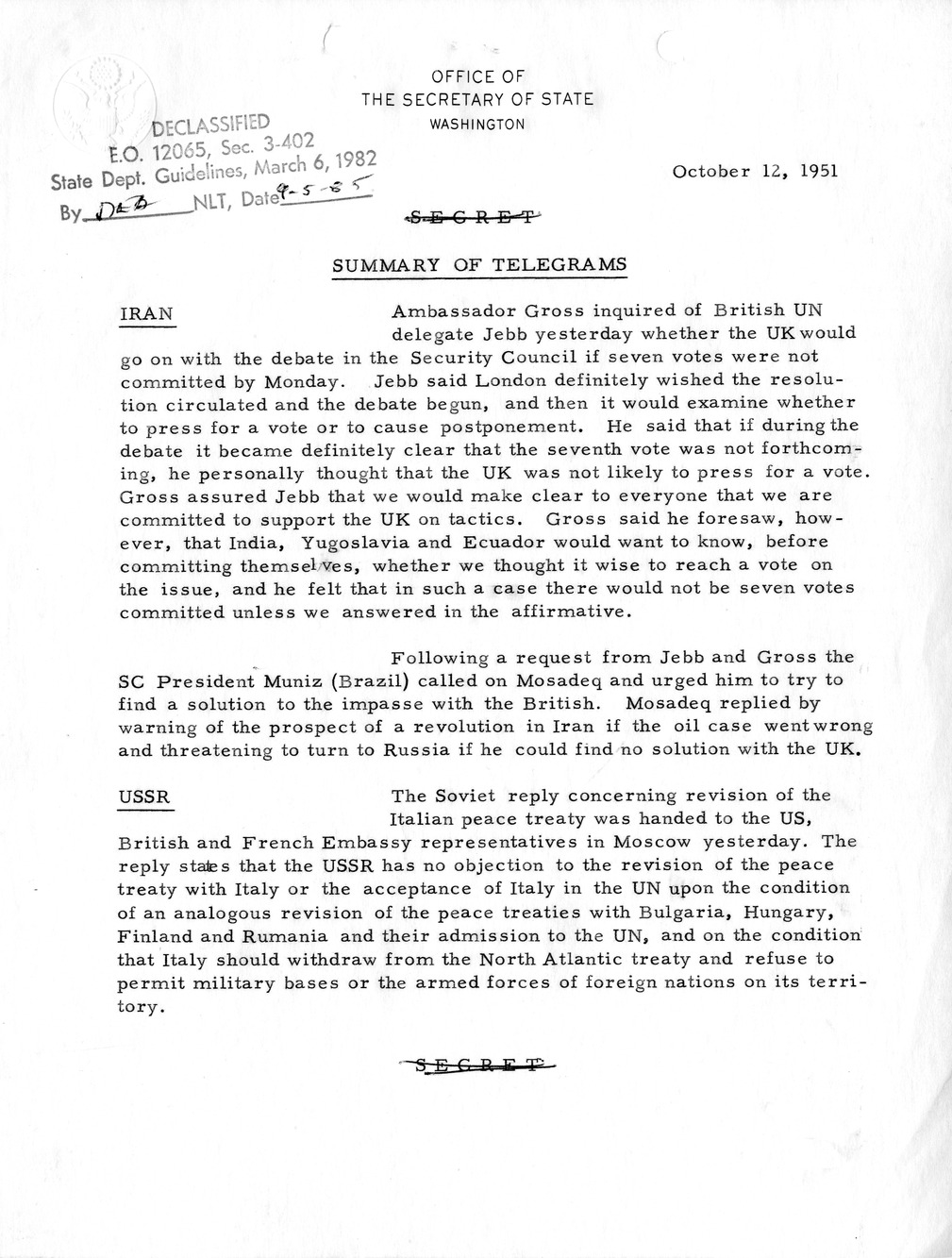 Memorandum, State Department Summary of Telegrams