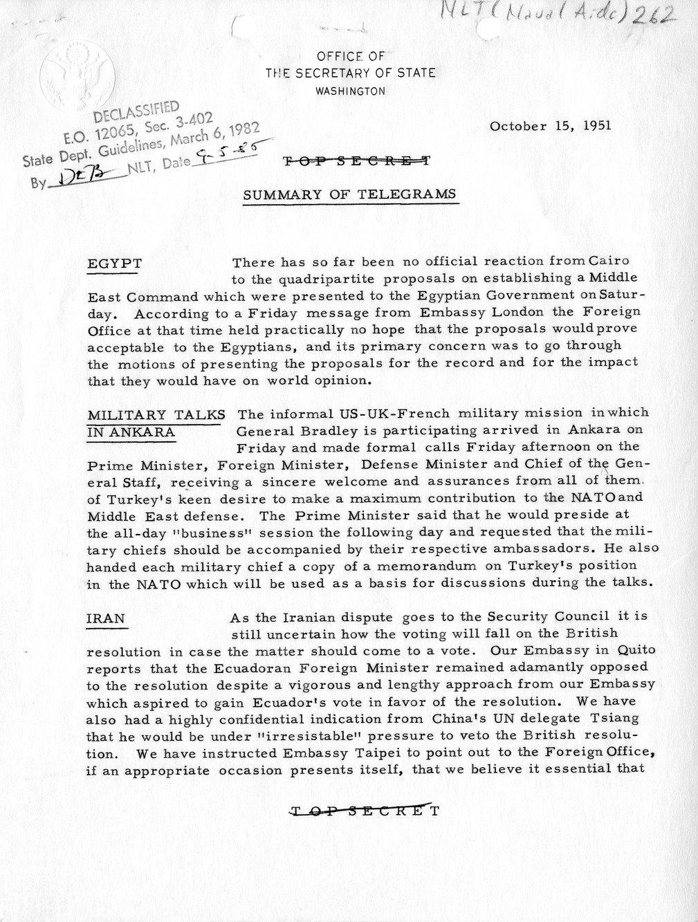 Memorandum, State Department Summary of Telegrams