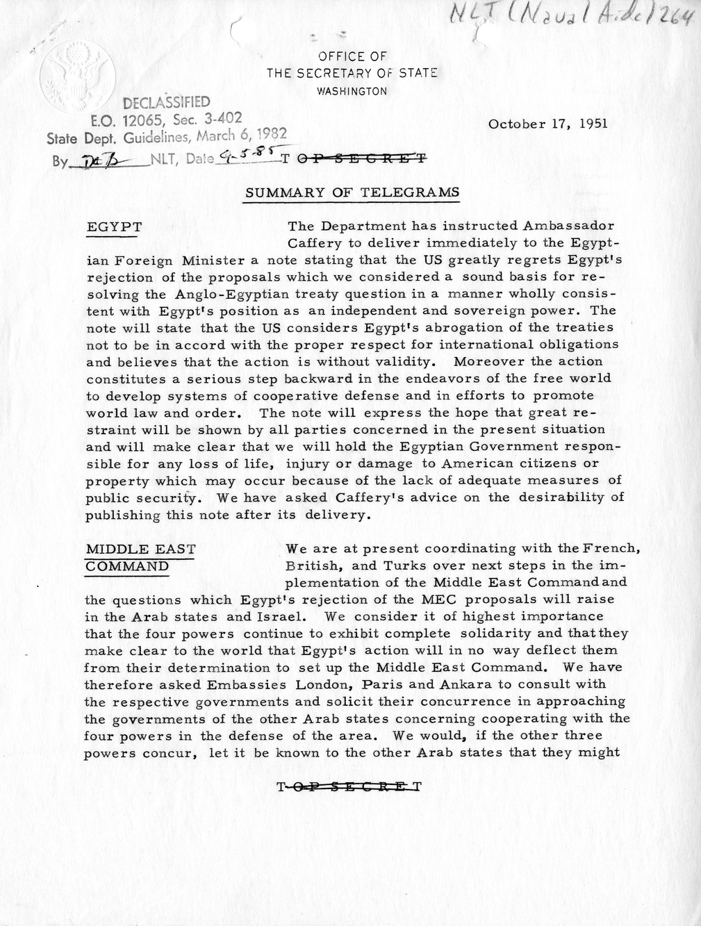 Memorandum, State Department Summary of Telegrams