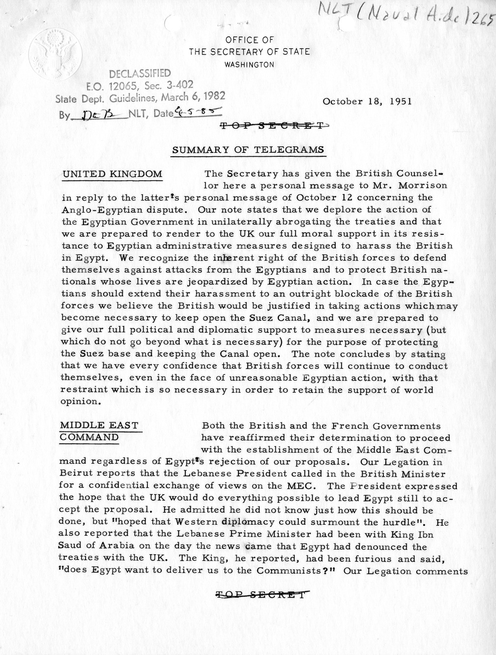 Memorandum, State Department Summary of Telegrams