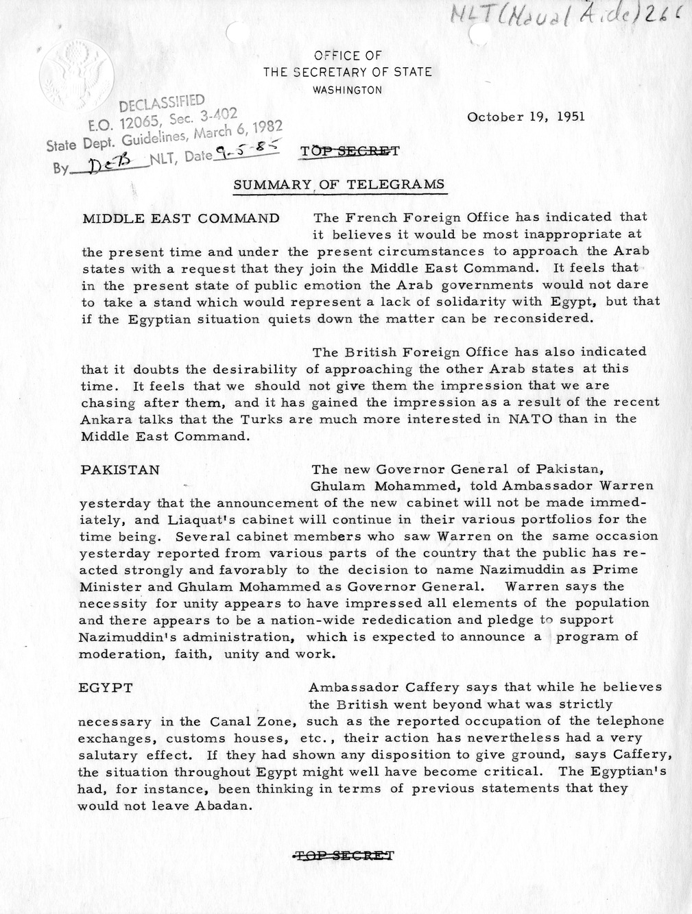 Memorandum, State Department Summary of Telegrams