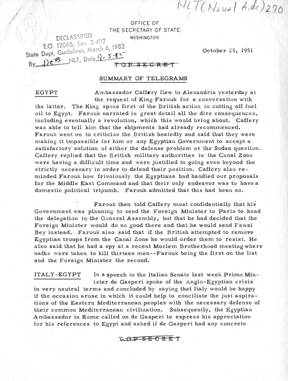 Memorandum, State Department Summary of Telegrams