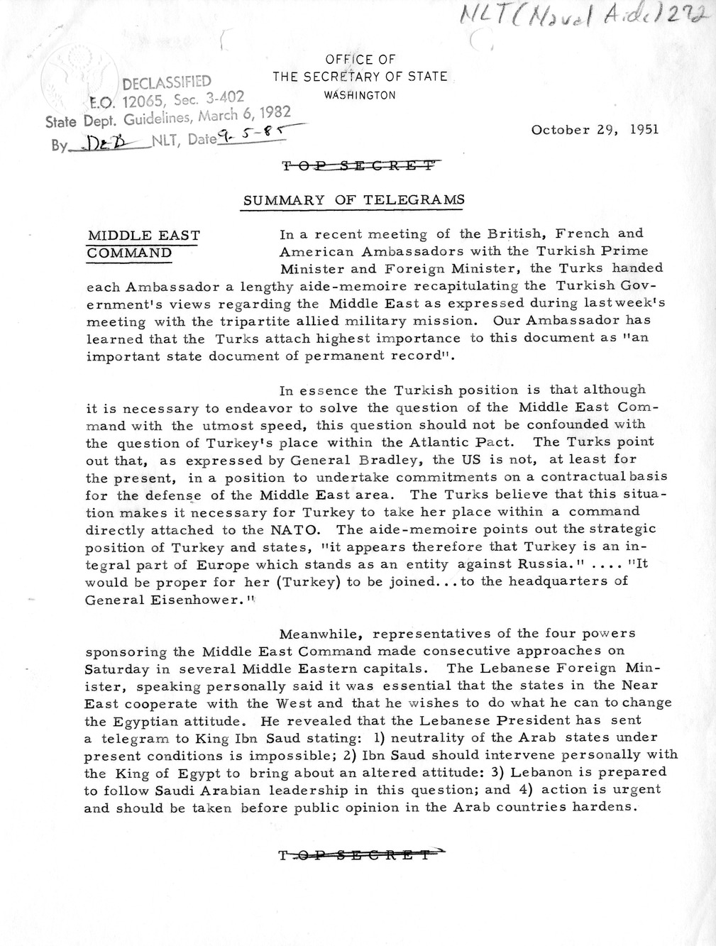 Memorandum, State Department Summary of Telegrams