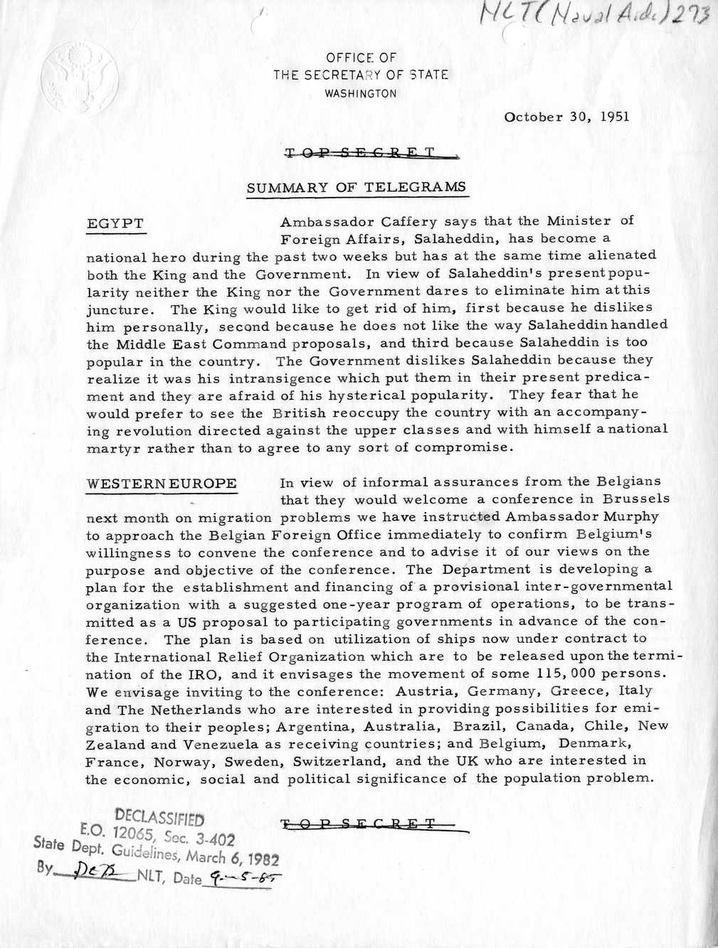 Memorandum, State Department Summary of Telegrams