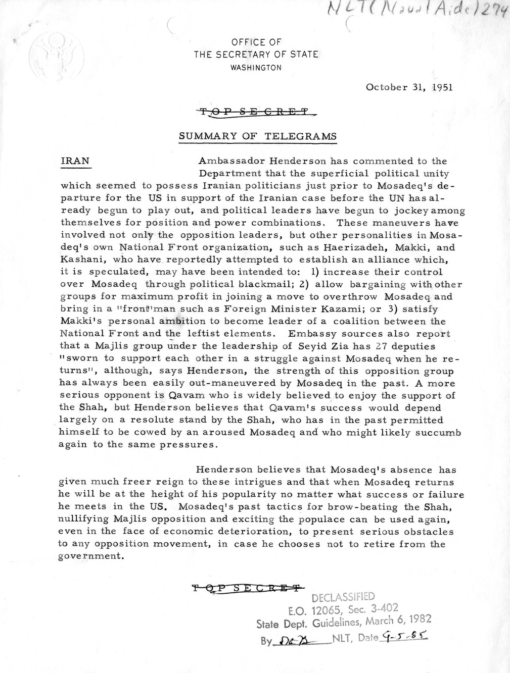 Memorandum, State Department Summary of Telegrams